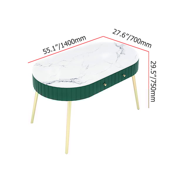 White Oval Dining Table with Drawer Marble Top & Metal Legs Homary