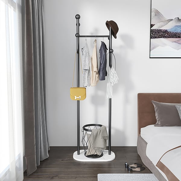 1700mm Contemporary Rail Coat Stand with Hooks & Basket and Marble Base