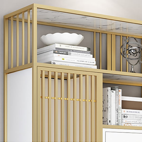 Contemporary Line Solid Wood Etagere Bookshelf in Gold & White Homary