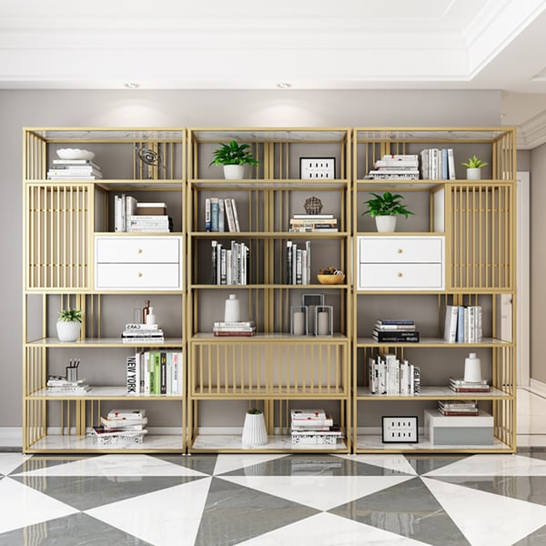 Contemporary Line Solid Wood Etagere Bookshelf in Gold & White Homary UK