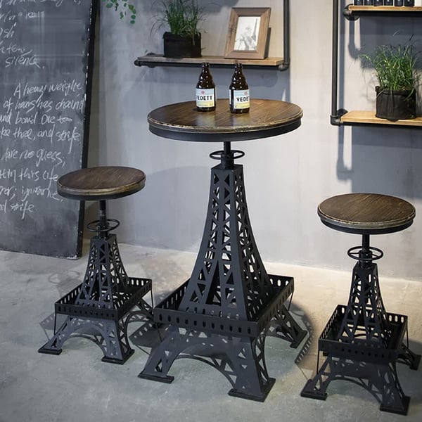 Industrial Bar Set with Stools Wood Top & Metal Base Adjustable Height