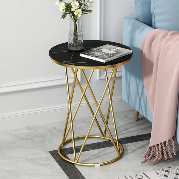 Black Modern Round Side Table with Sintered Stone Top End Table Homary