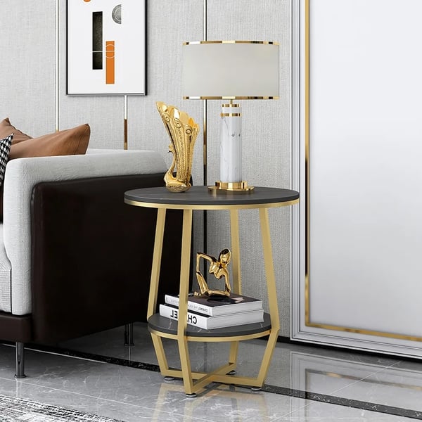 Black Round End Table with Shelf Metal FrameHomary