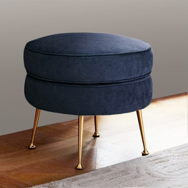 Blue Round Velvet Ottoman Footrest Metal in Gold Homary UK