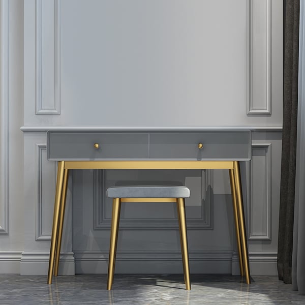 Grey Makeup Vanity Set with Storage 2 Drawer & Stool MidCentury Modern