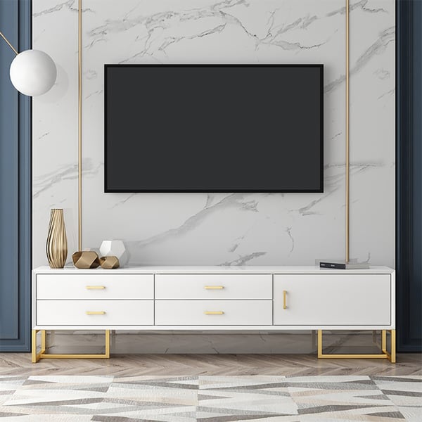 70" Nordic White TV Stand Postmodern Entertainment Center with 4 Drawers & 1 Door