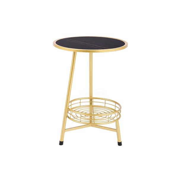 Black Round Side Table with Storage Sintered Stone Top End Table