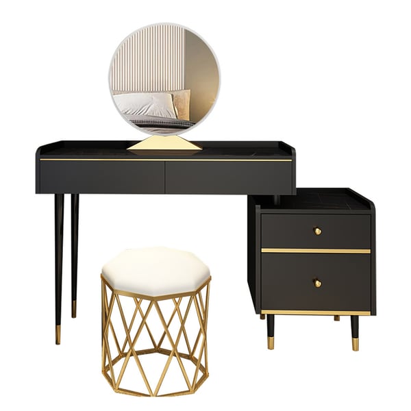 Modern Black Makeup Vanity Set with 4 Drawers Mirror & Stool &