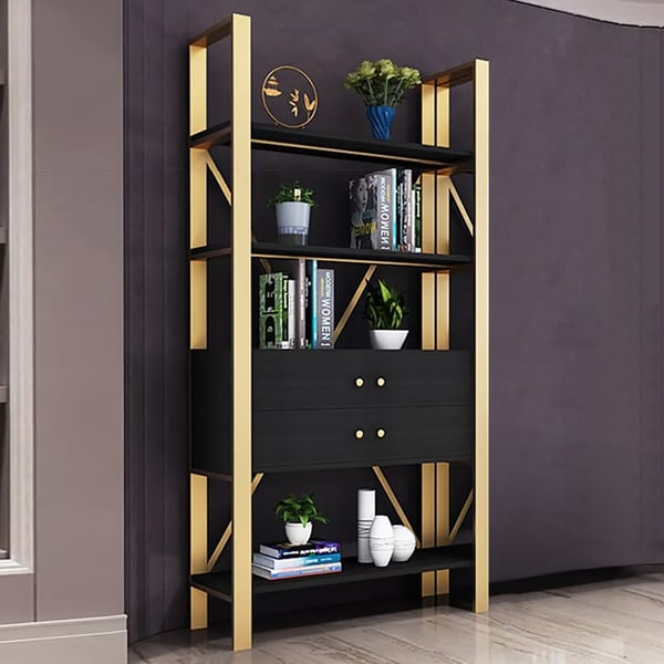 1800mm Display Gold Bookshelf Storage Bookcase with 4 Doors in BlackHomary