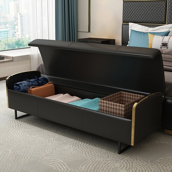 1470mm Black Bedroom Storage Bench in Artificial Leather Homary UK
