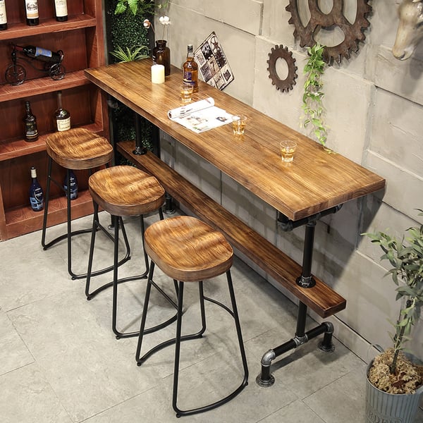 Industrial Long Bar Height Table Set For 6 Wooden 7 Piece Breakfast 