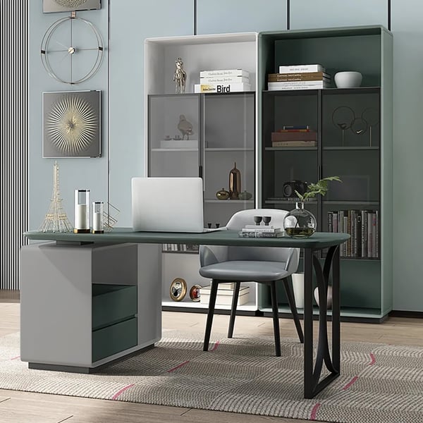 Green & White Office Desk with Cabinet Adjustable L-Shape Computer Desk