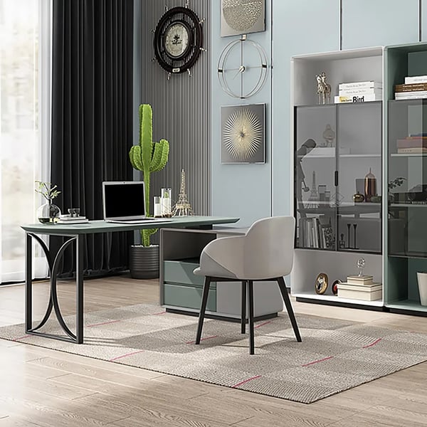 Green & White Office Desk with Cabinet Adjustable L-Shape Computer Desk