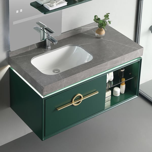 Green Floating Bathroom Vanity Stone Top Ceramics Undermount 1 Drawer & Shelf | Homary