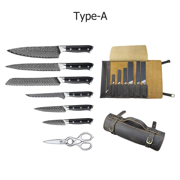8 Pieces Damascus Kitchen Knife Set Chef Knife Set with Leather Roll BagHomary