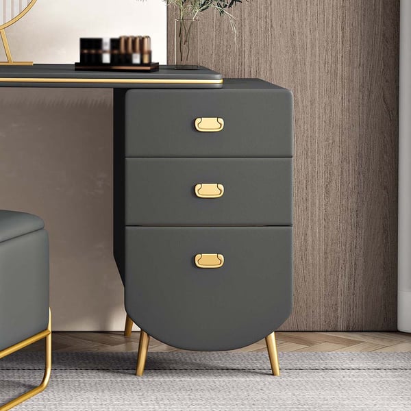 Dark Gray Wood and Metal Makeup Vanity Set with Mirror and Stool Homary