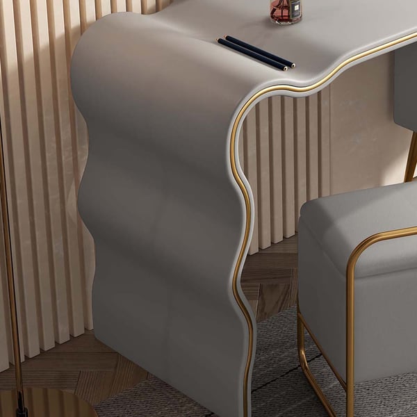 Light Grey Wood and Metal Makeup Vanity Set with Mirror and Stool