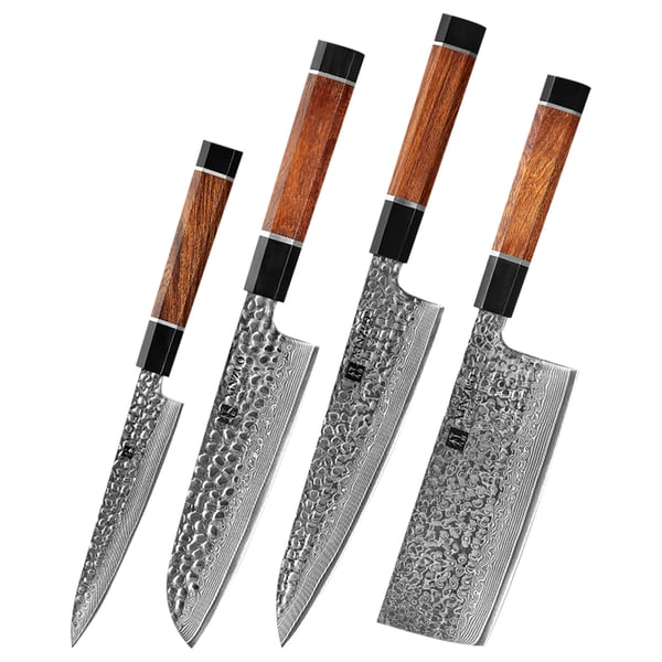 5 Pieces Damascus Kitchen Knife Set with Wooden Block & Desert Ironwood Handle Homary UK