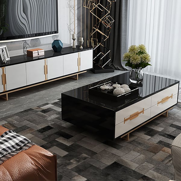 Modern White Rectangular Tempered Glass Coffee Table with Storage 8 Drawers Homary UK