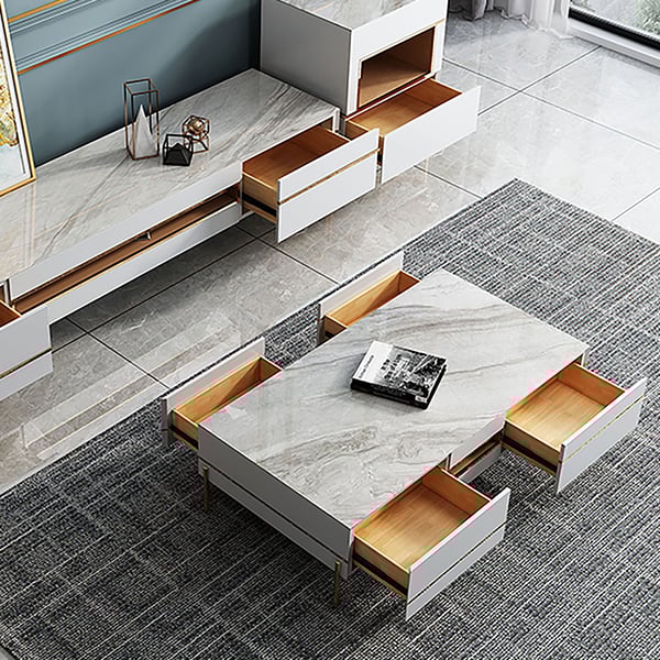 51" Modern White Sintered Stone Top Coffee Table with Storage 4 Drawers