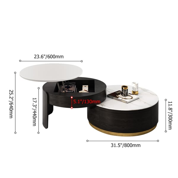 Modern Round Coffee Table with Storage LiftTop Wood & Stone Coffee