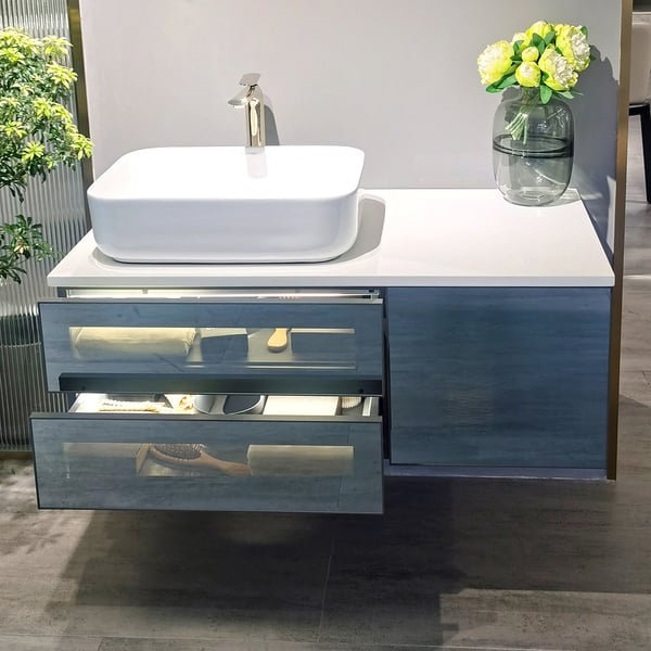 Wall-Mounted Mirrored Bathroom Vanity Set with Storage Light & Vessel ...