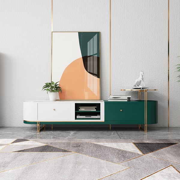 Modern Extendable Oval TV Console with Storage in White & GreenHomary