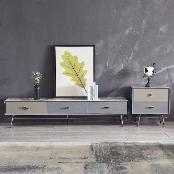 Set of 3 Classic Gray Sintered Stone Top TV Stand & Coffee Table Combo