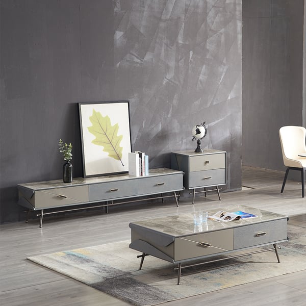 Set of 3 Classic Gray Sintered Stone Top TV Stand & Coffee Table Combo