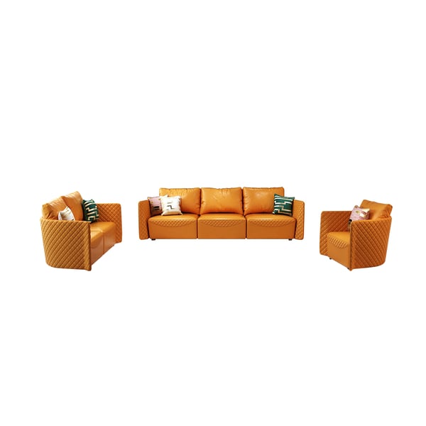 Modern 3Piece Set Orange Faux Leather Sofa Set with Solid Wood Frame