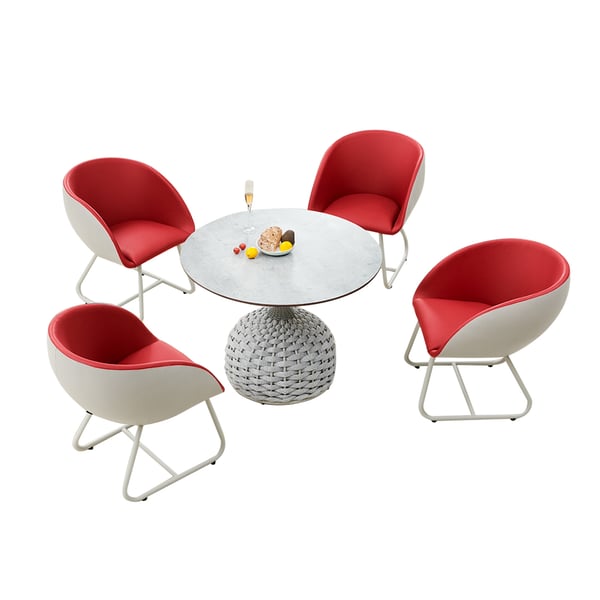 5 Pieces Red & White Patio Dining Set with Round Table & 4 Leather Chairs Homary