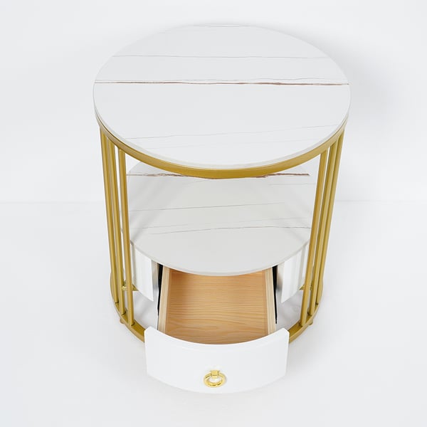 Free Shipping on Modern White Round Nightstand with MarbleTop & Drawer