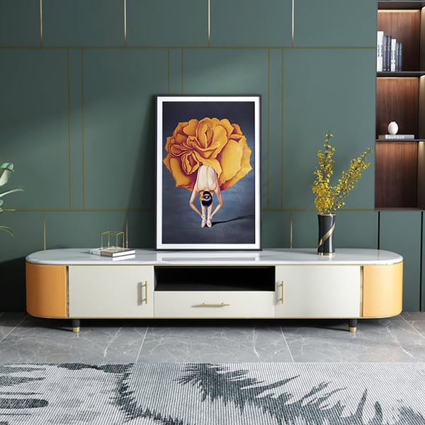 Contemporary White Marble Coffee Table & TV Stand Set Storage Media