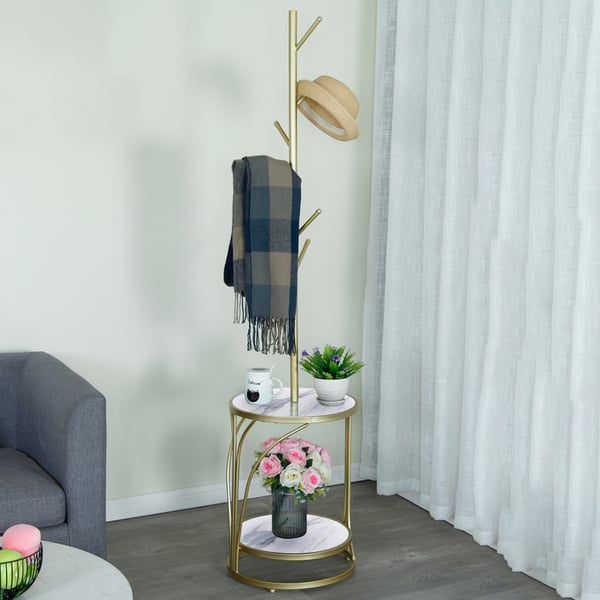 1750mm Gold Modern Metal Coat Stand Freestanding Hanging with Marble ShelfHomary