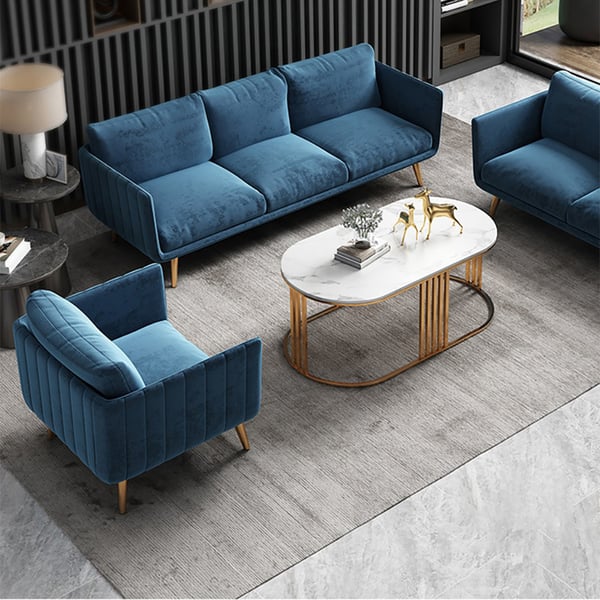 3Piece Modern Blue Velvet Living Room Sofa Set with Cushion Back