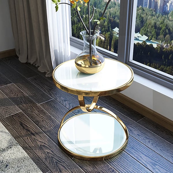 White Round Side Table Tempered Glass with Storage End Table in Gold
