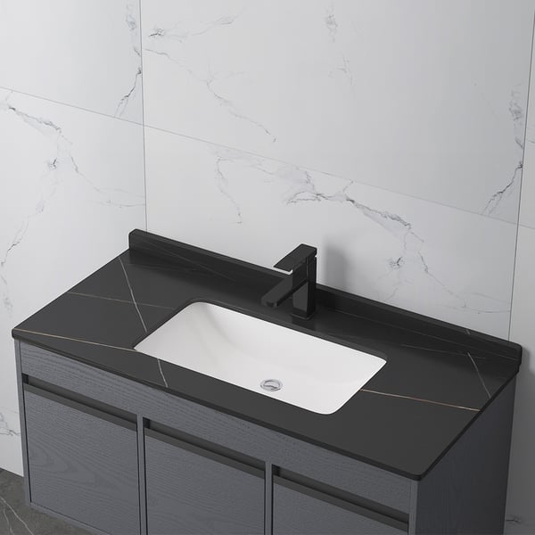 23.6" Floating Gray Bathroom Vanity with Black Sintered Stone Top