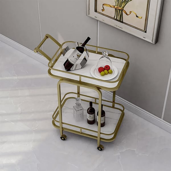 2Tier Modern Metal Frame Bar Cart Marble Top Serving Cart with Casters Homary