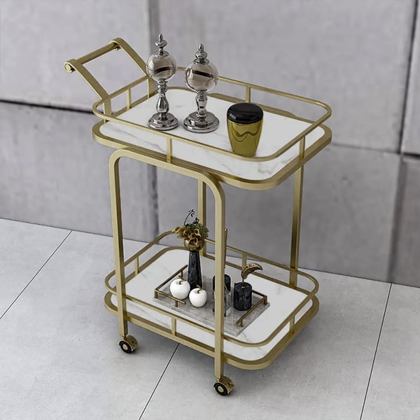 2Tier Modern Metal Frame Bar Cart Marble Top Serving Cart with Casters