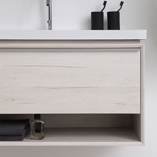 31.7" Contemporary Beige Floating Stone Top Bathroom Vanity with Integrated Sink Homary