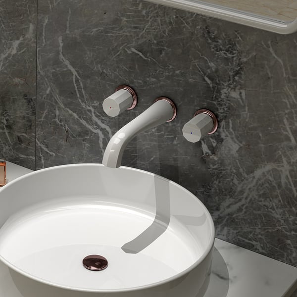 White & Rose Gold Wall Mounted Bathroom Basin Tap Solid BrassHomary