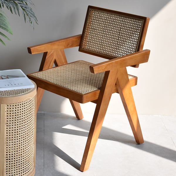 Walnut Japandi Rattan Dining Chair with Solid Wood Frame-Homary