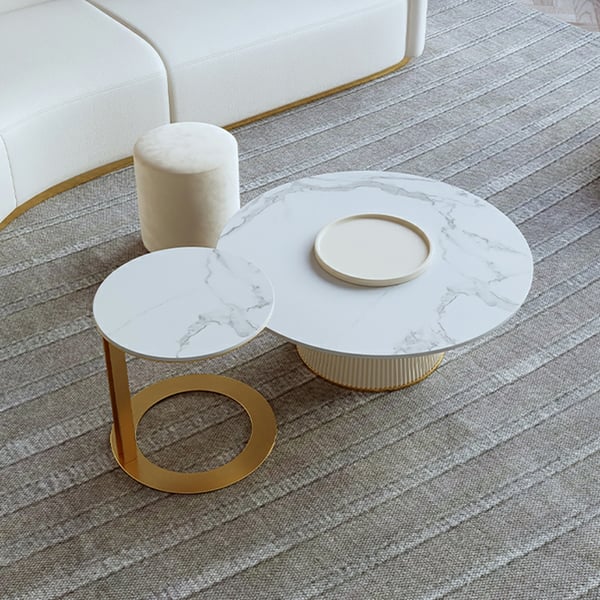 Round White & Gold Modern Coffee Table Set Sintered Stone Top with