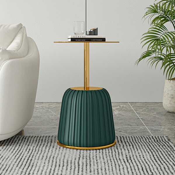 Round Gold End Table with Green PU Leather Unique Homary