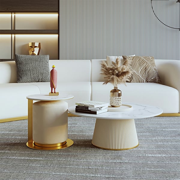 Round White & Gold Modern Coffee Table Set Sintered Stone Top with