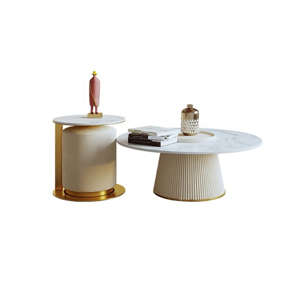 Round White & Gold Modern Coffee Table Set Sintered Stone Top with