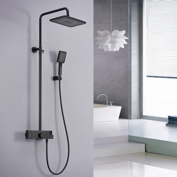 Wall Mounted Exposed Square Rain Shower Fixture with Thermostatic Mixer