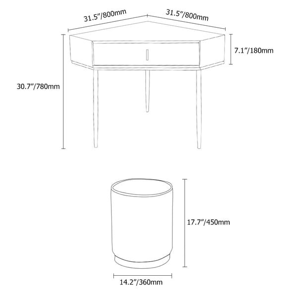 Minimalist Grey Corner Makeup Vanity Set Mirror & Stool Included