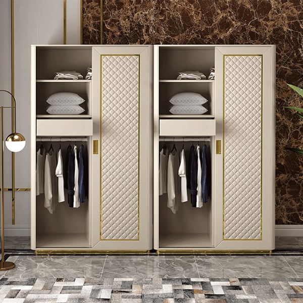 1950mm Beige Faux Leather Wardrobe 2Door with Storage Drawer & Shelves