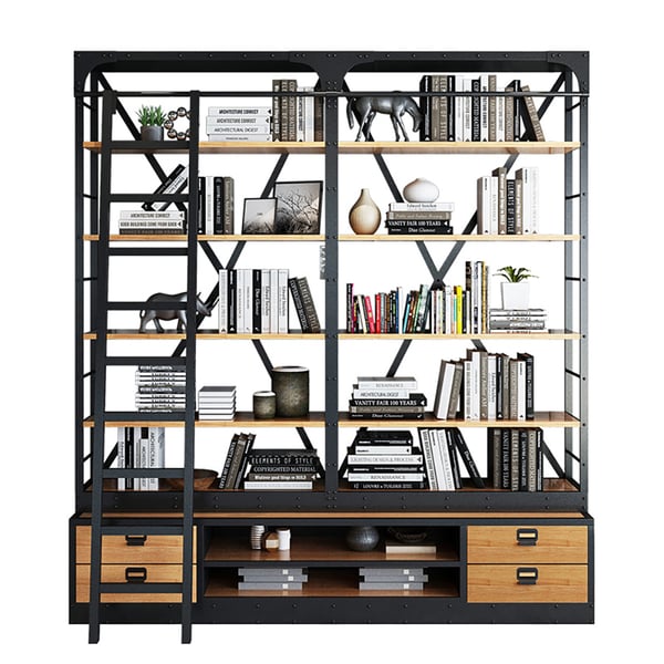 Industrial Wood Bookshelf 5Tiered Storage Ladder Bookcase with 4 Drawers Homary